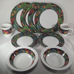 MALA Melamine Jungle Parrots & Flowers Set Cups Saucers Bowls Plates 10 Lot